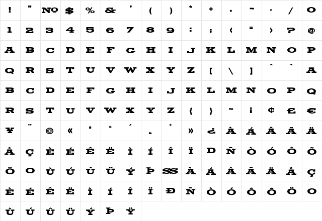 LHFMikesBlock Regular  glyph index