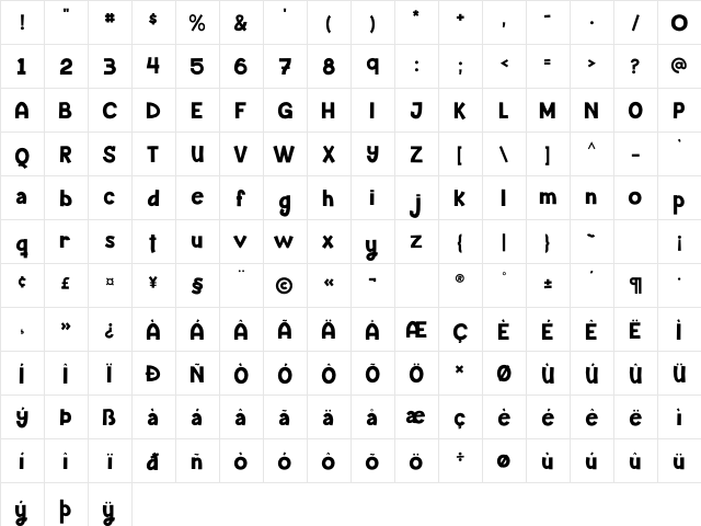 Junior Bold  glyph index