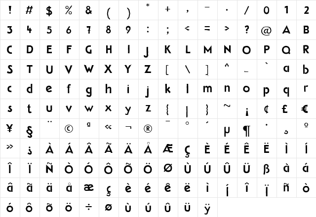 Woody Plain Regular  glyph index