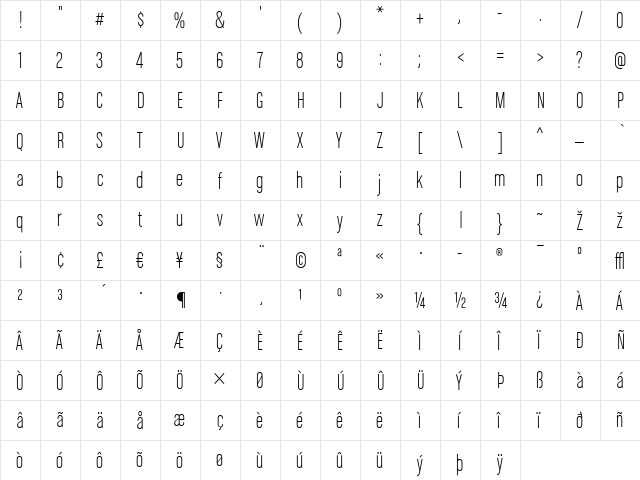 ChaletComprime-MilanSixty Regular  glyph index