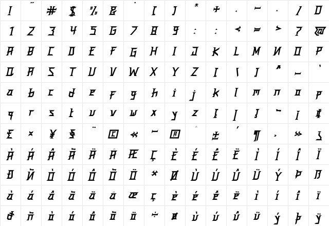 Western Monttero Italic Regular  glyph index