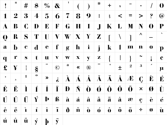 Bodoni Fragile Regular  glyph index