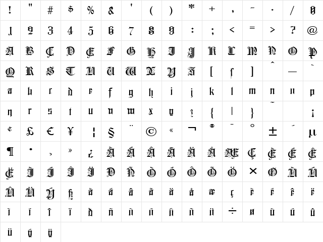 Colchester Black  glyph index