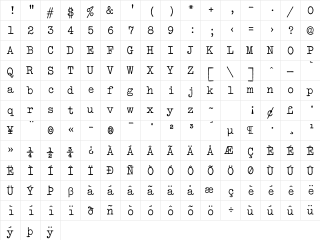 VTBulletin Regular  glyph index