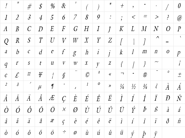 Galant Thin Italic  glyph index