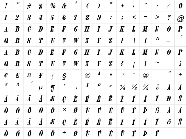 June Italic  glyph index