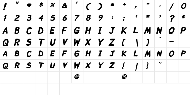 Comicka BoldItalic  glyph index