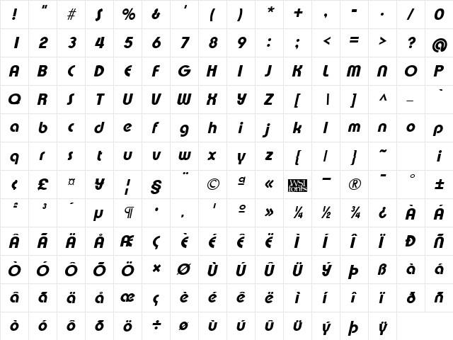 XpressiveHeavy Italic  glyph index