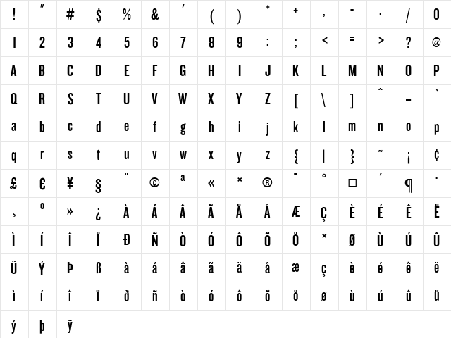 Knockout Medium  glyph index
