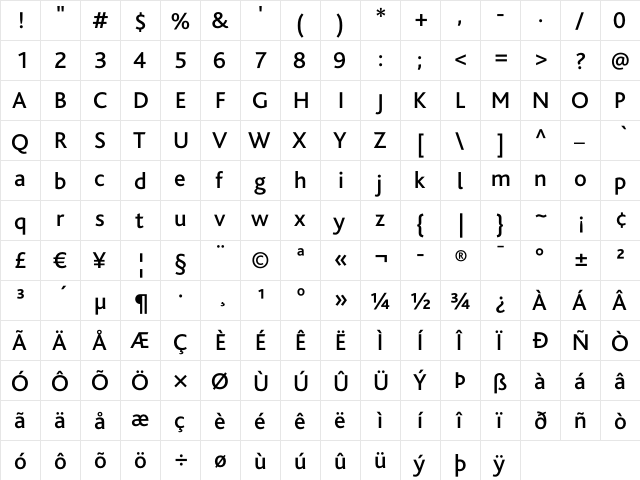 Bliss Regular  glyph index