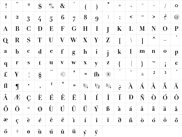AndradeBold Regular  glyph index