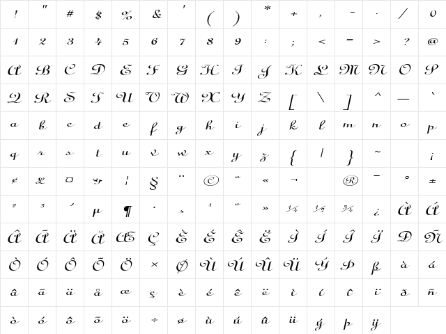 CathedralExtended Italic  glyph index