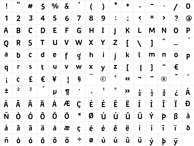 PreciousSansBold Regular  glyph index