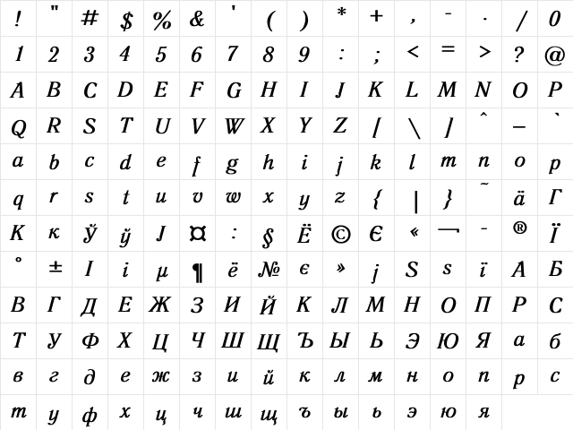 Antiqua Bold Italic  glyph index