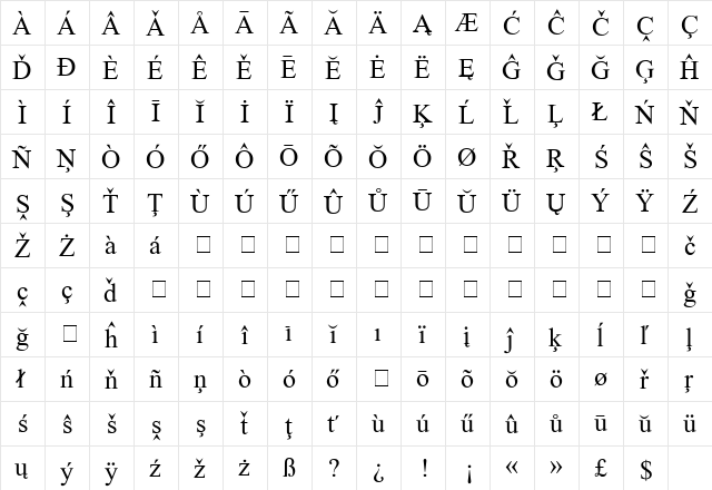 European-Serif Regular  glyph index