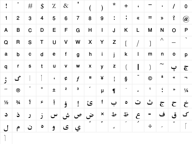 AGT Ahmad Wali Hotak Regular  glyph index