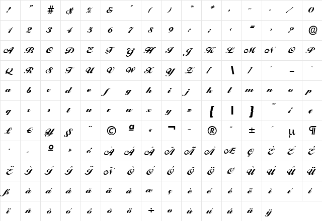 NicholasBecker-Black Regular  glyph index