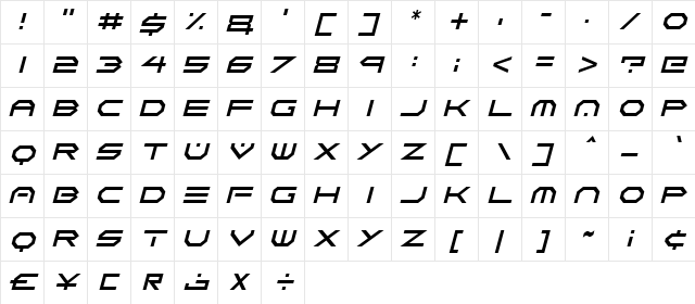 Neon Vortex Italic  glyph index