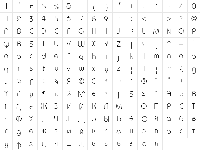 BauhausLightC Regular  glyph index