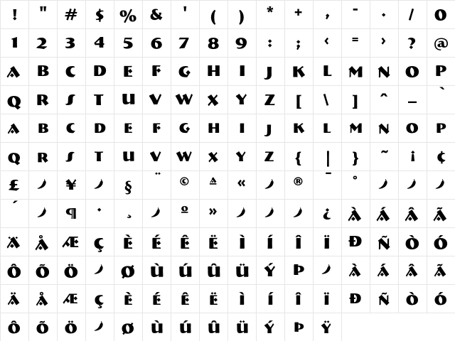 Bremen Bold  glyph index