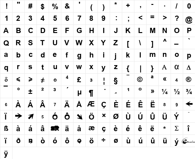 Enselec Bold  glyph index
