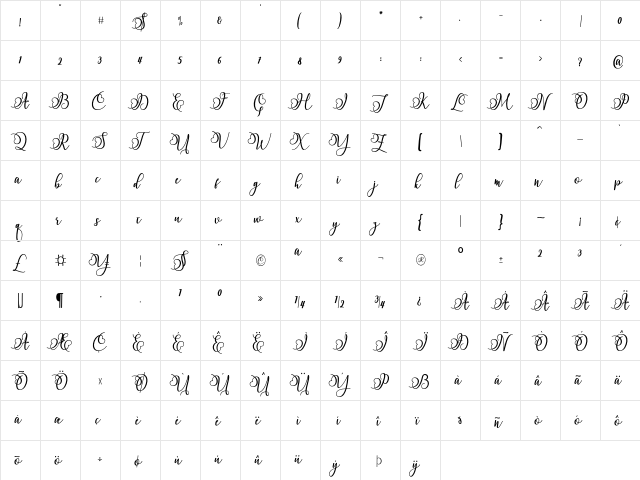 Namilla Regular  glyph index