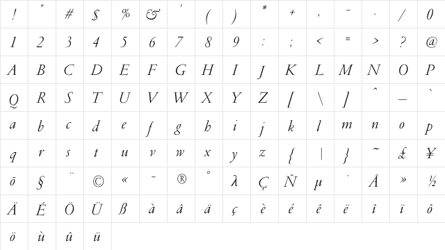 PF Garamond Classic Light Italic  glyph index