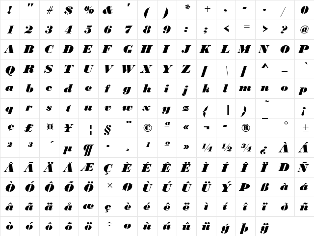 Bodoni Becker Black Italic  glyph index