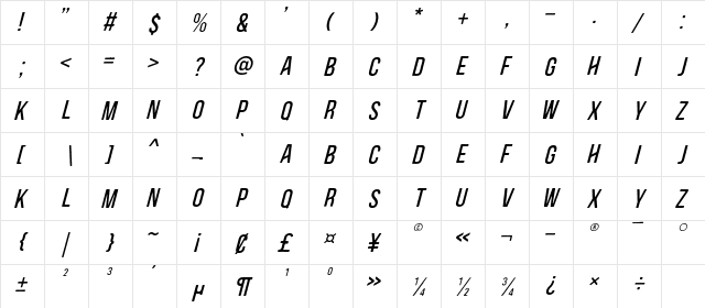 Blackside Italic Regular  glyph index