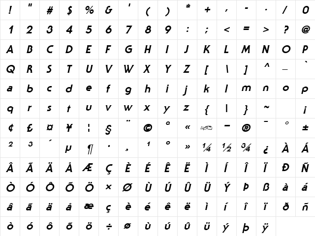 Staid Gothic ExtraBold Italic  glyph index