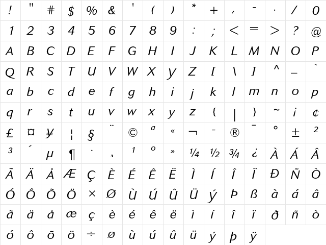 Cosmos Light Italic  glyph index