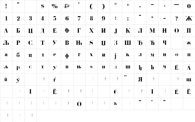 CirilicaBodoni Regular  glyph index