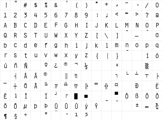 Presentor Regular  glyph index