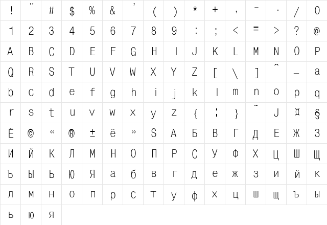 Unos Condensed-Thin Regular  glyph index