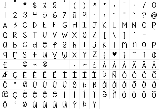 KG Shake it Off Regular  glyph index