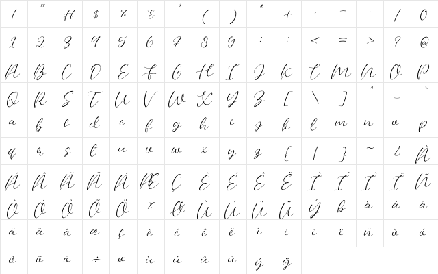 Bellany Regular  glyph index