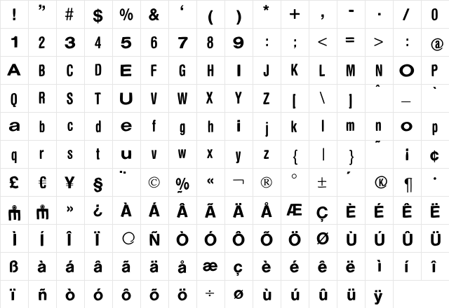 Confusica Regular  glyph index