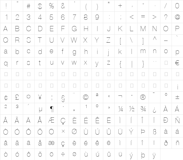 HelveticaNeue LT 25 UltLight Regular  glyph index