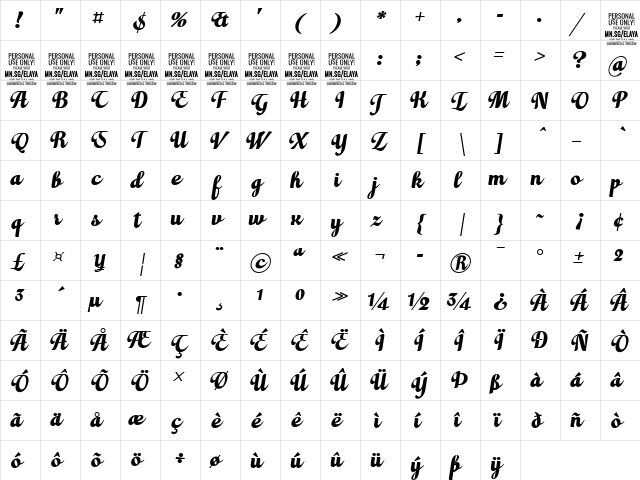 Elaya Script PERSONAL USE ONLY Regular  glyph index