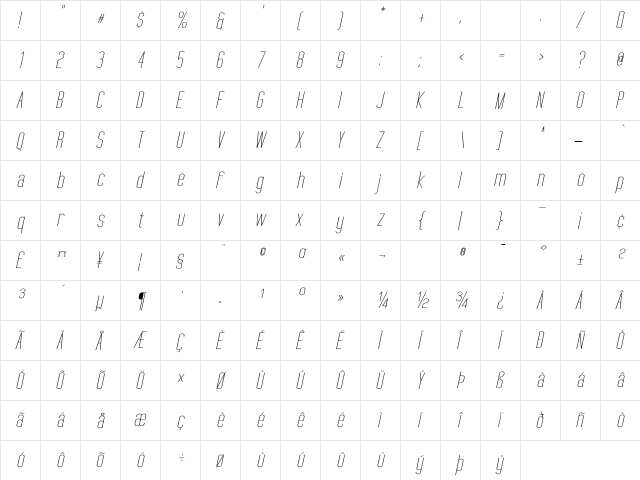 Tall Films Expanded Oblique Regular  glyph index