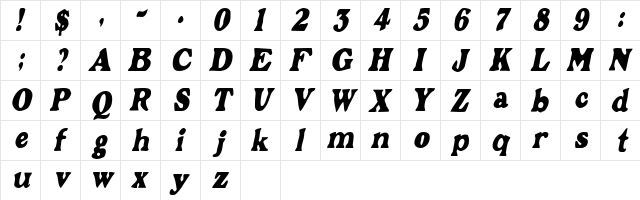 GrantCondensed Oblique  glyph index