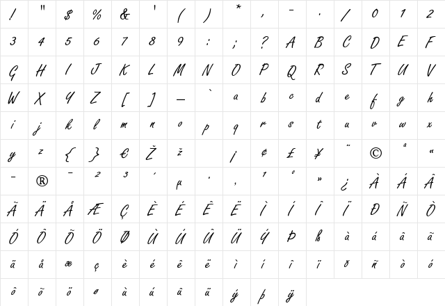 FreestyleScript LT Regular  glyph index