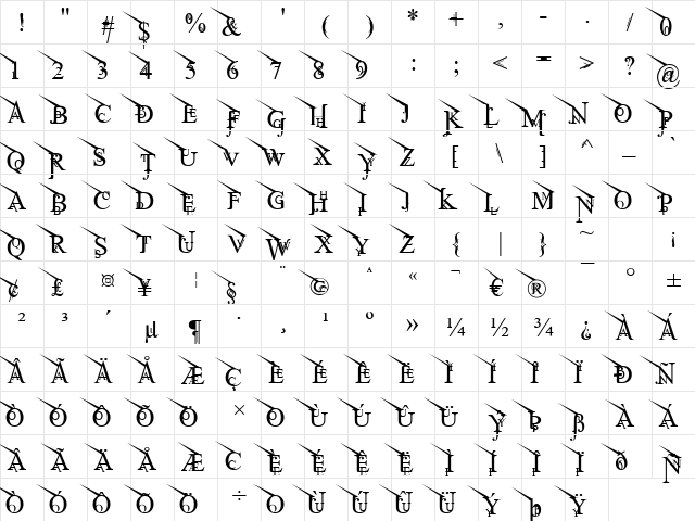 Jean Splice UpLeft Regular  glyph index