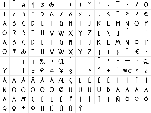 Senussi Regular  glyph index