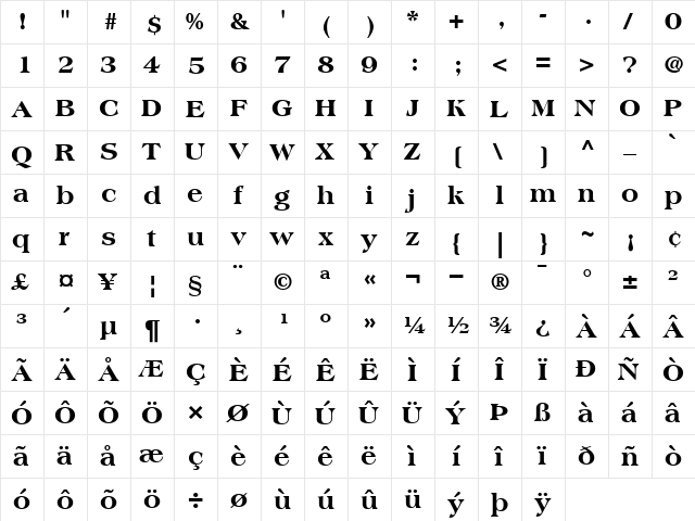 Americana-ExtraBold Extra Bold  glyph index