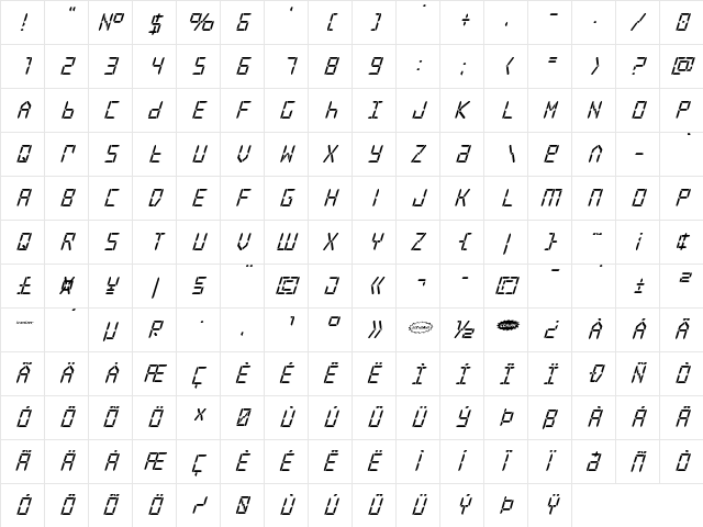 Frozen Crystal Super-Italic Italic  glyph index