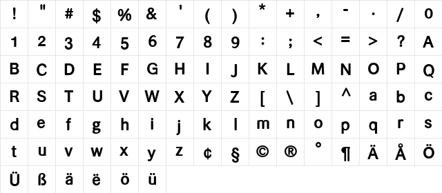 helvari Bold  glyph index