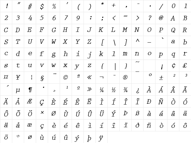 PrestigeEliM Bold Oblique  glyph index