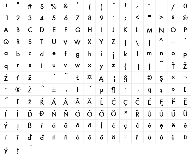 FuturaTEEMed Regular  glyph index