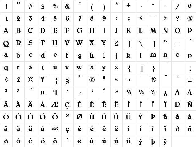 Belwe Bold  glyph index